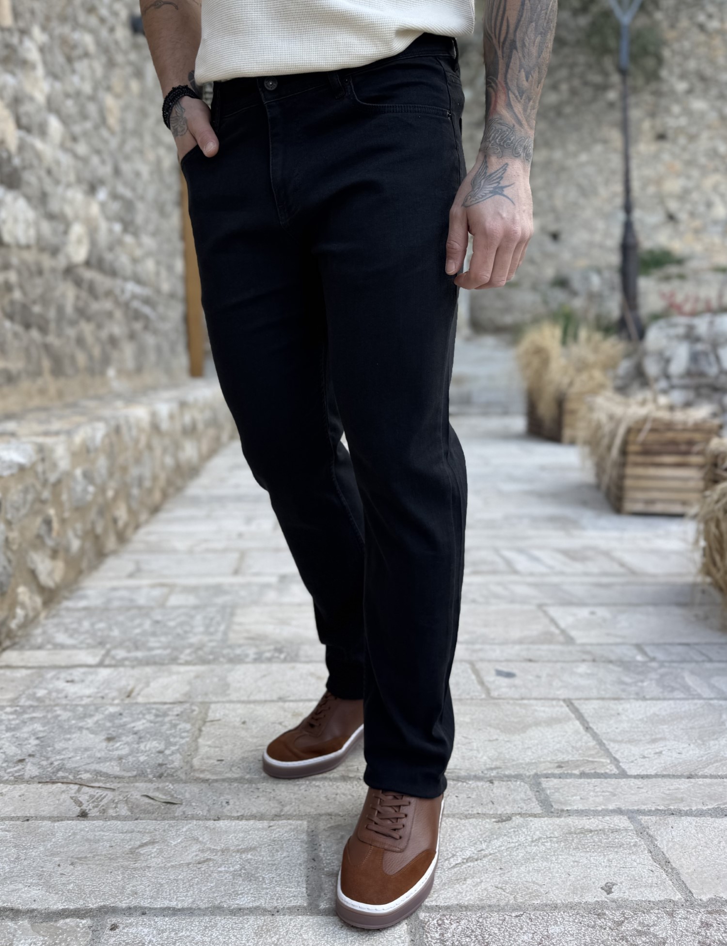 Ανδρικό μαύρο πλυμένο τζιν ελαστικό σε ίσια γραμμή με φερμουάρ LC17692 φωτογραφία